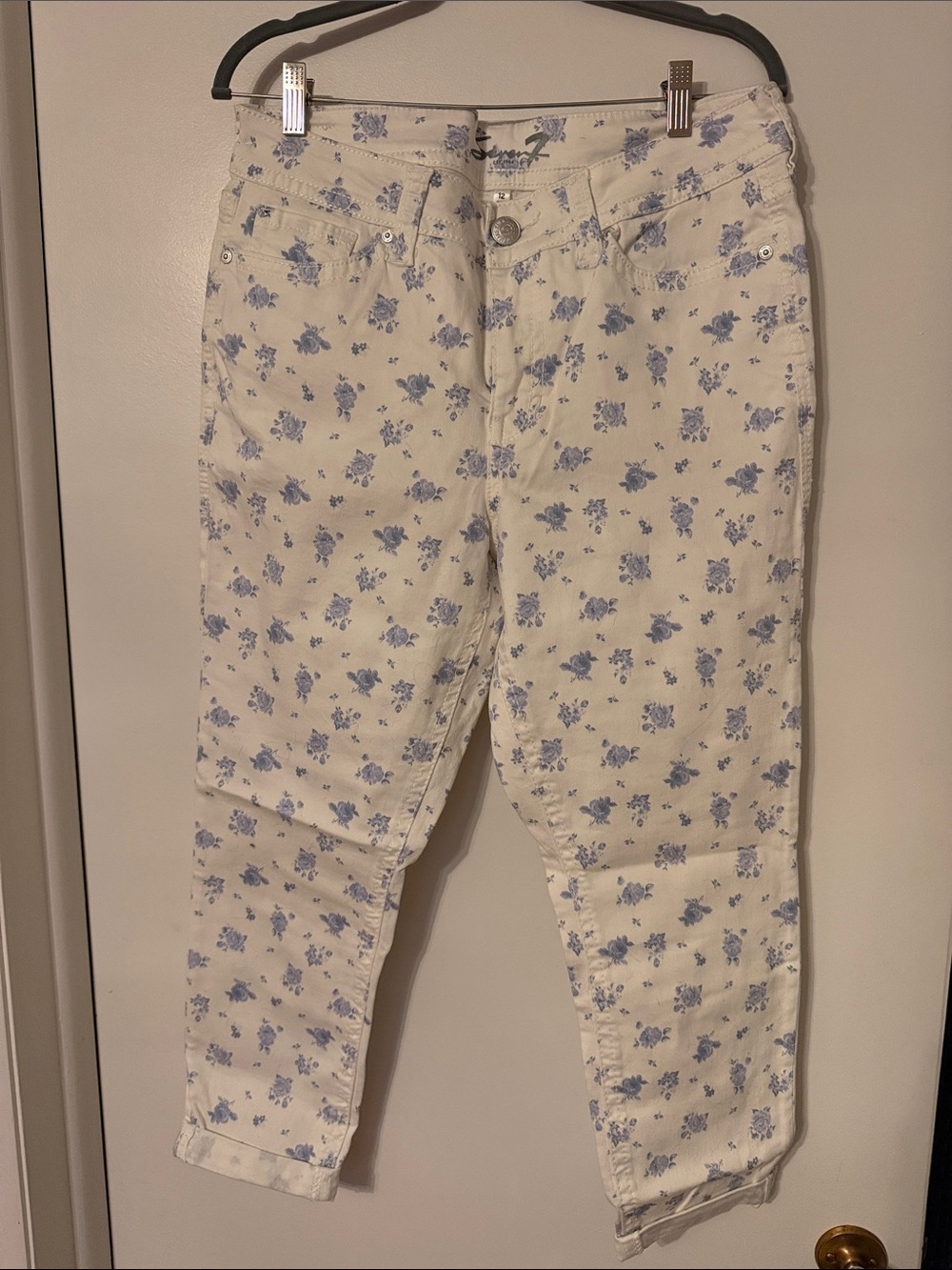 Seven7 Cream Jeans with Blue Floral Print